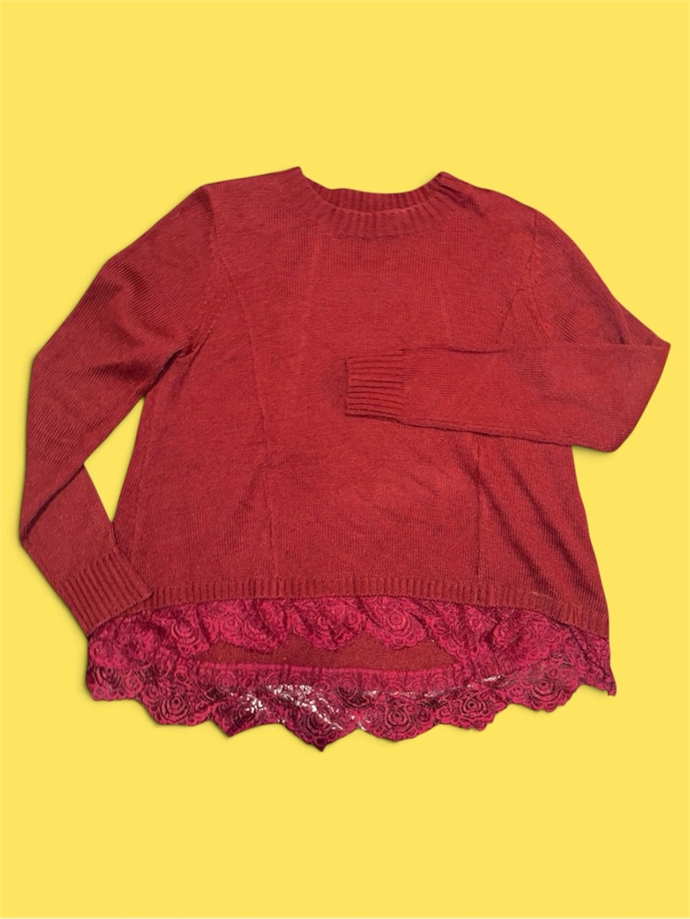 SO Brand Burgundy Red Lace-Hem Crewneck Sweater -0001